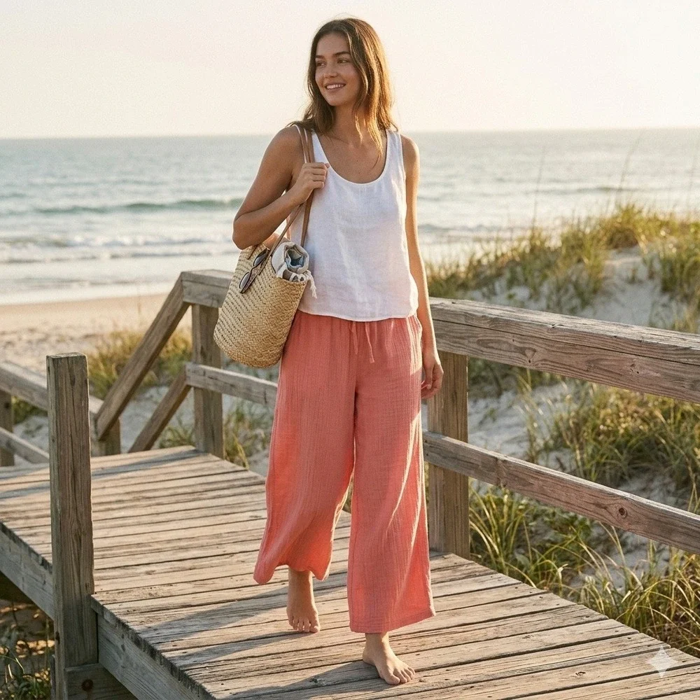 NWT O'Neill Brenda Pants Large Canyon Clay Pink Cotton Crinkle‎ Gauze Wide Leg